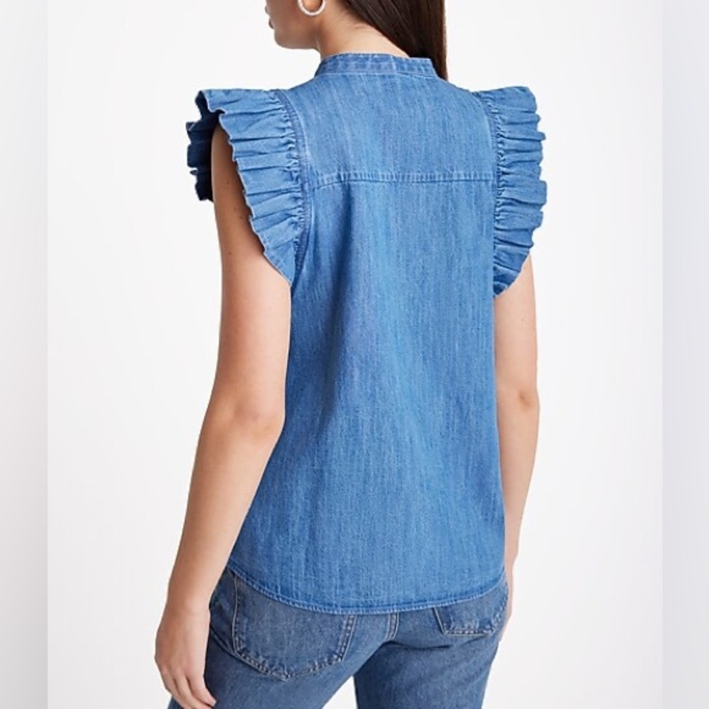 Express Denim Flutter Blue Ruffle Sleeve Button Up Blouse Sz S - Picture 4 of 13